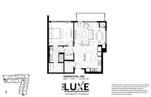 Floor plan for 1 bed, 1 bath, 1025 sqft